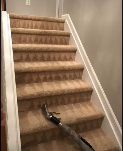 A carpet-cleaning tool being pulled up a carpeted staircase mid-job